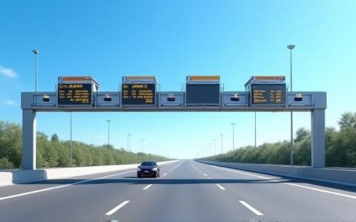 Modern highway with electronic toll collection gantry under a clear sky