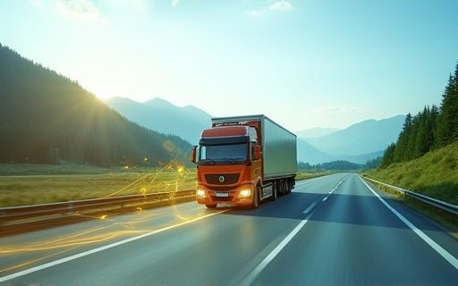 Truck on a scenic European highway with digital overlay of optimized route data points